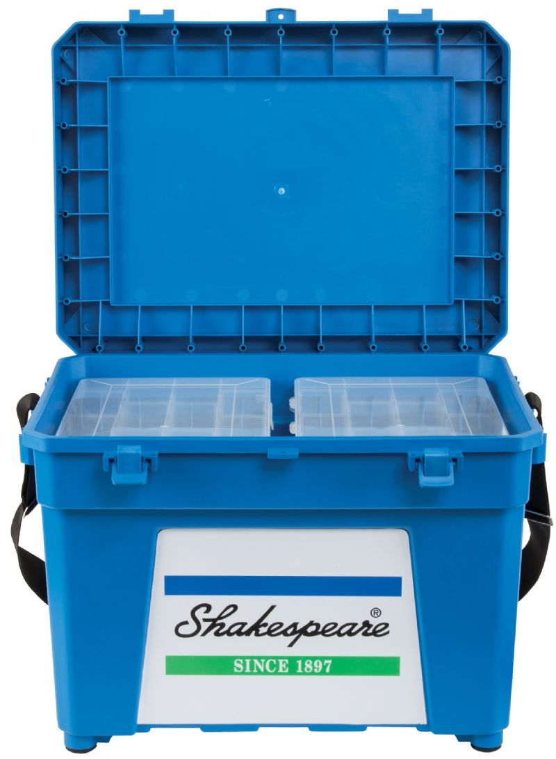 Shakespeare Team Fishing Seat box with Strap and Side Tray Black or Blue 